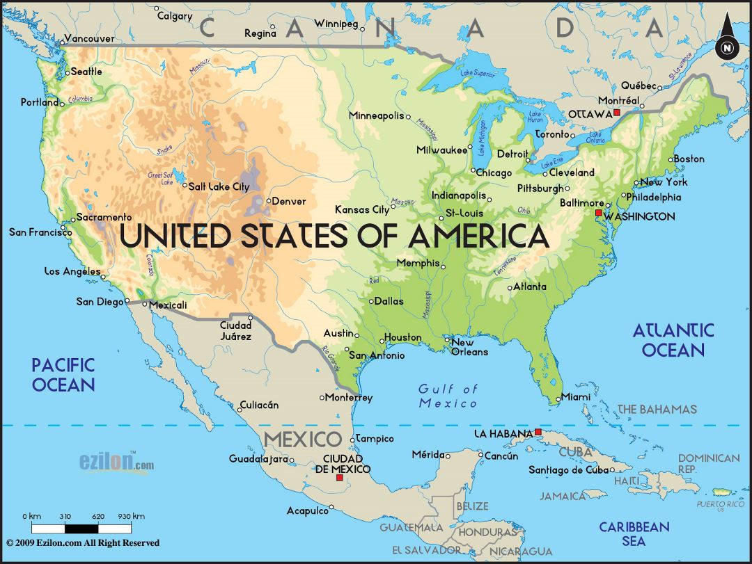 Большая физическая карта Соединенных Штатов Америки с крупными городами